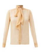 Matchesfashion.com Saint Laurent - Pussy-bow Gathered Silk-georgette Blouse - Womens - Beige