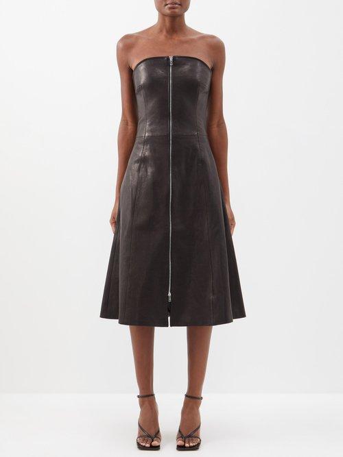 Khaite - Valerie Zip-front Strapless Leather Midi Dress - Womens - Black