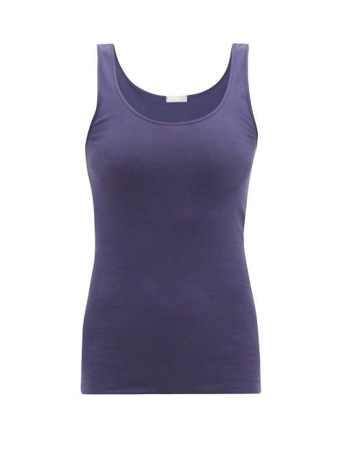 Ladies Lingerie Hanro - Seamless Scoop-neck Cotton-jersey Tank Top - Womens - Dark Blue