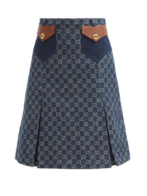 Gucci - Gg-jacquard Denim Midi Skirt - Womens - Denim