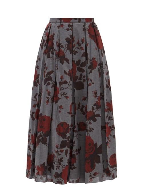 Erdem - Sadie Rose-print Cotton-twill Midi Skirt - Womens - Grey