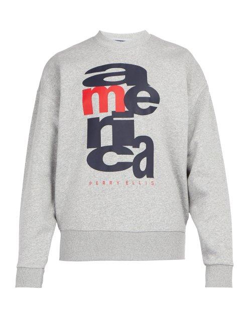 Matchesfashion.com Perry Ellis America - Logo Print Cotton Blend Crewneck Sweatshirt - Mens - Grey