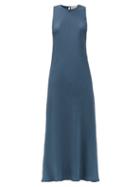 Matchesfashion.com Asceno - The Valencia Round-neck Silk-twill Midi Dress - Womens - Blue