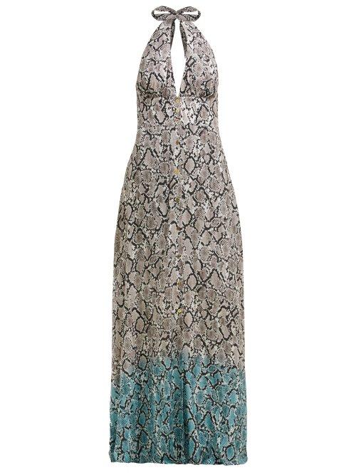 Matchesfashion.com Heidi Klein - Snake Print Halterneck Maxi Dress - Womens - White Multi