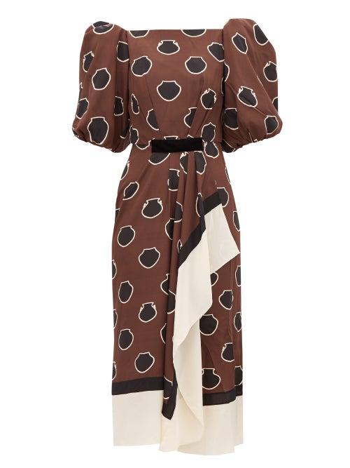 Matchesfashion.com Johanna Ortiz - Unexpected Territory Puff-sleeve Silk Dress - Womens - Brown