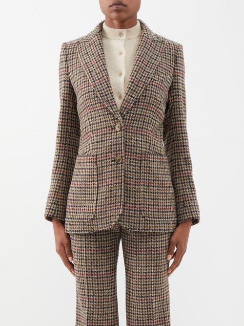 Bella Freud - Single-breasted Houndstooth Wool Suit Blazer - Womens - Beige Multi