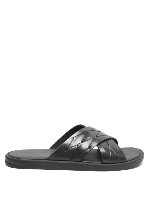 Matchesfashion.com Bottega Veneta - Intrecciato Crossover Leather Slides - Mens - Black