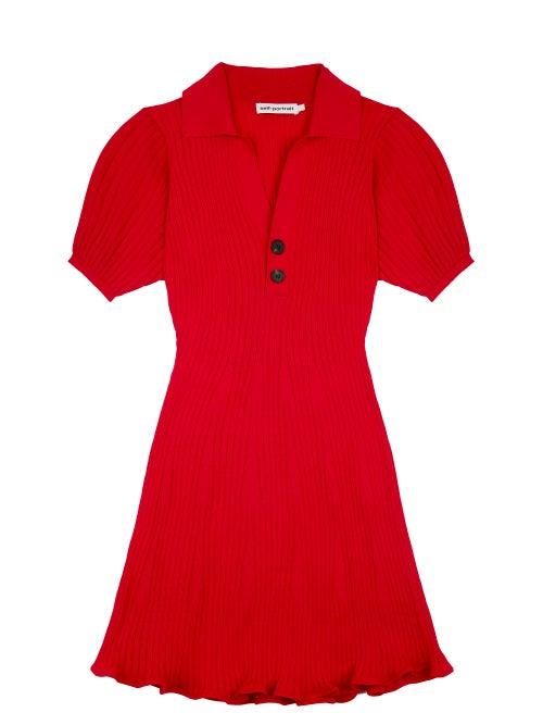 Matchesfashion.com Self-portrait - Spread-collar Ribbed-knit Mini Dress - Womens - Red
