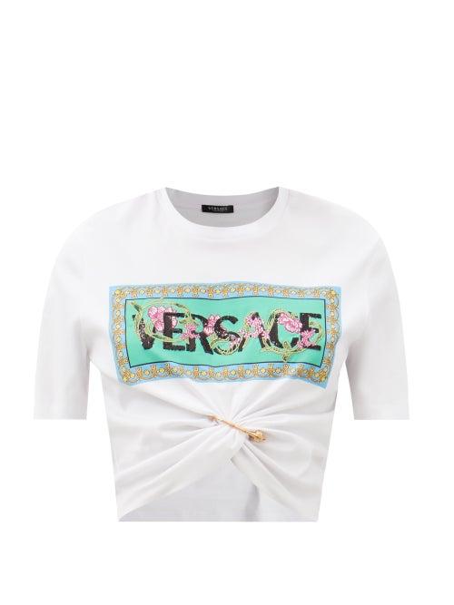 Versace - Safety-pinned Logo-print Cotton-jersey T-shirt - Womens - White Multi