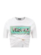 Versace - Safety-pinned Logo-print Cotton-jersey T-shirt - Womens - White Multi