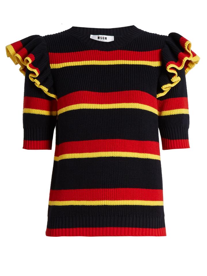 Msgm Striped Ruffle-trimmed Knit Sweater