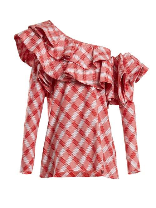 Matchesfashion.com Johanna Ortiz - Mangas Coloradas One Shoulder Tartan Cotton Top - Womens - Red White