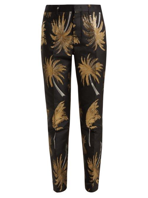 Matchesfashion.com Msgm - Palm Tree Metallic Jacquard Satin Trousers - Womens - Black Gold