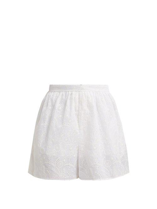Matchesfashion.com Valentino - Broderie Anglaise Cotton Blend Shorts - Womens - White