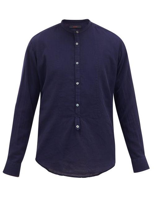 Matchesfashion.com The Gigi - Shedir Band-collar Cotton-piqu Shirt - Mens - Navy