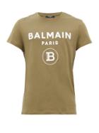 Matchesfashion.com Balmain - Flocked Logo Print Cotton T Shirt - Mens - Khaki