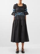Molly Goddard - Mikha Velvet-trim Shirred Taffeta Midi Dress - Womens - Black
