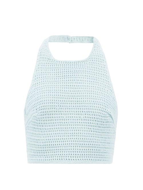 Albus Lumen - Lorem Cropped Cotton-crochet Halterneck Top - Womens - Blue