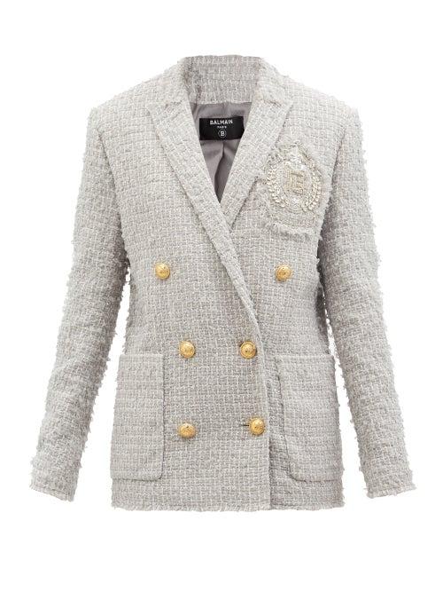 Ladies Rtw Balmain - Zardozi-embroidered Cotton-blend Tweed Jacket - Womens - Grey