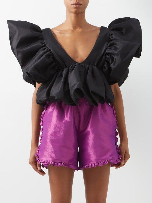 Kika Vargas - Nia Plunge-front Ruffled Silk-blend Taffeta Top - Womens - Black