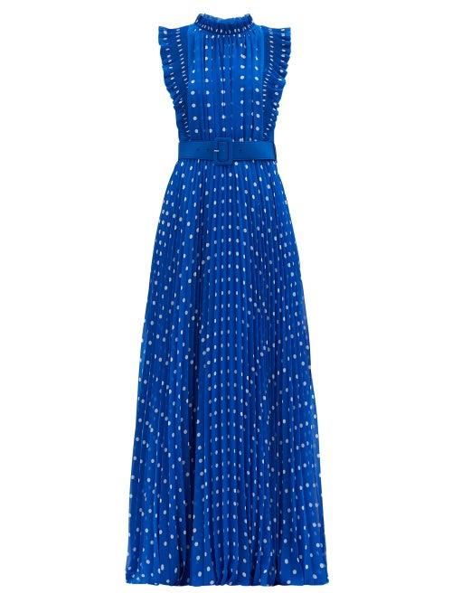 Matchesfashion.com Self-portrait - Polka-dot Pliss-pleat Chiffon Gown - Womens - Blue