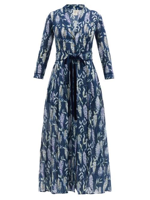Matchesfashion.com Galanthya - Belted Asia-print Cotton Dress - Womens - Navy Print