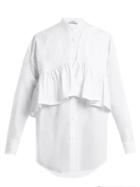 Matchesfashion.com Msgm - Oversized Ruffle Cotton Blend Poplin Shirt - Womens - White