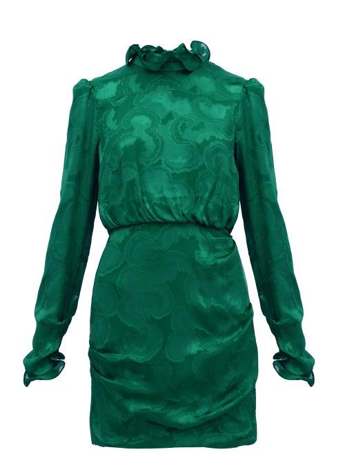 Matchesfashion.com Saloni - Rina Ruffled Silk Blend Jacquard Mini Dress - Womens - Dark Green