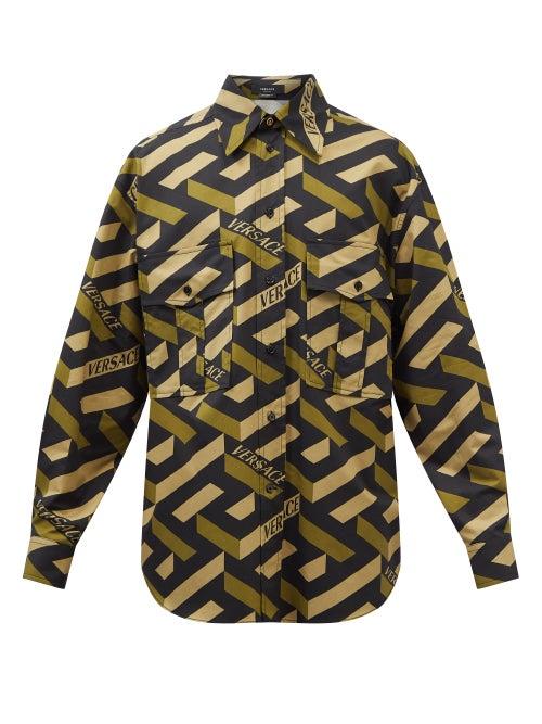 Versace - La Greca-print Cotton Shirt - Mens - Green Multi