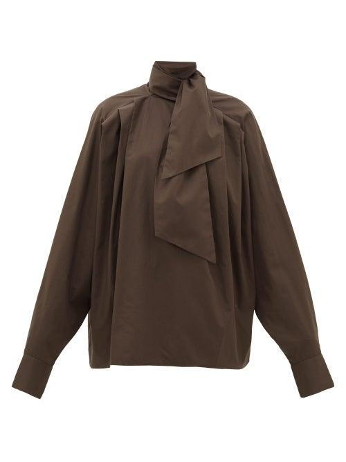 Matchesfashion.com Matthew Adams Dolan - Pleated High-neck Cotton Poplin Blouse - Womens - Brown