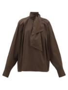 Matchesfashion.com Matthew Adams Dolan - Pleated High-neck Cotton Poplin Blouse - Womens - Brown