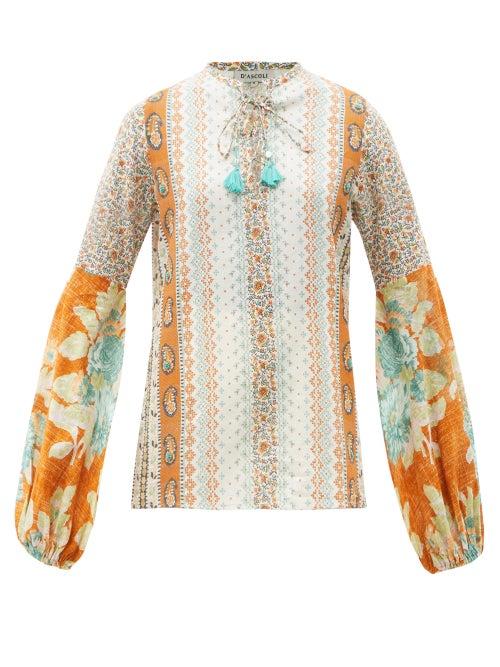 Matchesfashion.com D'ascoli - Tatiana Floral-print Balloon-sleeve Cotton Blouse - Womens - Orange Multi