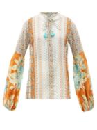 Matchesfashion.com D'ascoli - Tatiana Floral-print Balloon-sleeve Cotton Blouse - Womens - Orange Multi