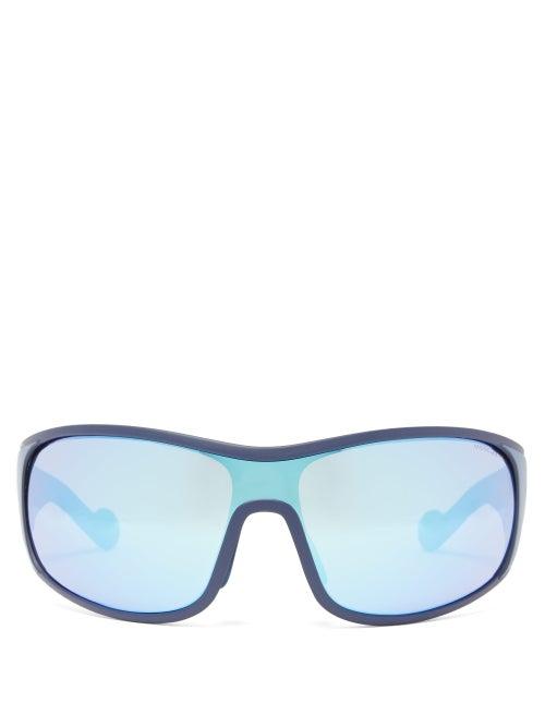Matchesfashion.com Moncler - Mirrored-lens Logo-stripe Acetate Cycle Sunglasses - Mens - Blue