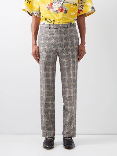 Gucci - Check Linen-blend Trousers - Mens - Black Grey