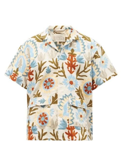 Mens Rtw Harago - Leaf-appliqu Cotton-canvas Shirt - Mens - Multi