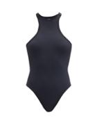 Matchesfashion.com The Attico - Halterneck Racerback Ribbed Swimsuit - Womens - Black