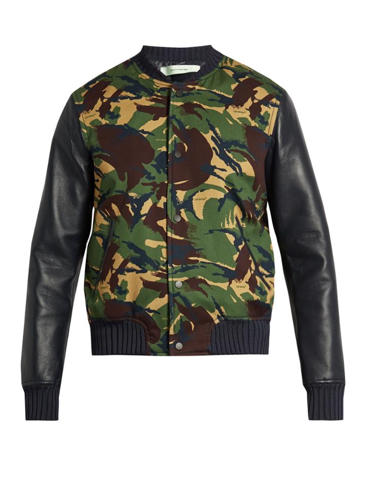 Off-white Camouflage-print Cotton And Leather Bomber Jacket