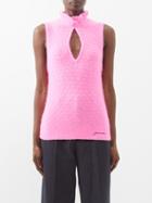 Ganni - Ruffle-neck Polka Dot-knitted Top - Womens - Bright Pink