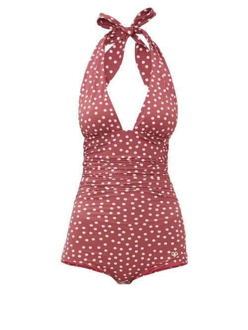 Matchesfashion.com Dolce & Gabbana - Halterneck Ruched Polka-dot Swimsuit - Womens - Burgundy Print