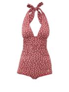 Matchesfashion.com Dolce & Gabbana - Halterneck Ruched Polka-dot Swimsuit - Womens - Burgundy Print