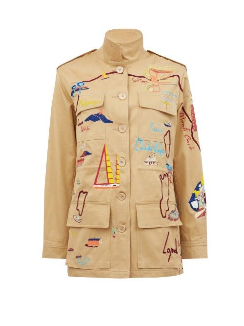 Matchesfashion.com Kilometre Paris - Mediterranean Tour Map-embroidered Cotton Jacket - Womens - Light Brown