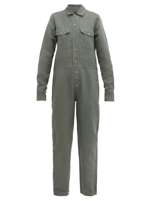 Matchesfashion.com White Story - Grace Button Down Linen Jumpsuit - Womens - Dark Green