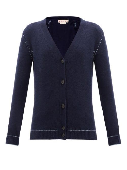 Matchesfashion.com Marni - Topstitched Cashmere Cardigan - Womens - Navy