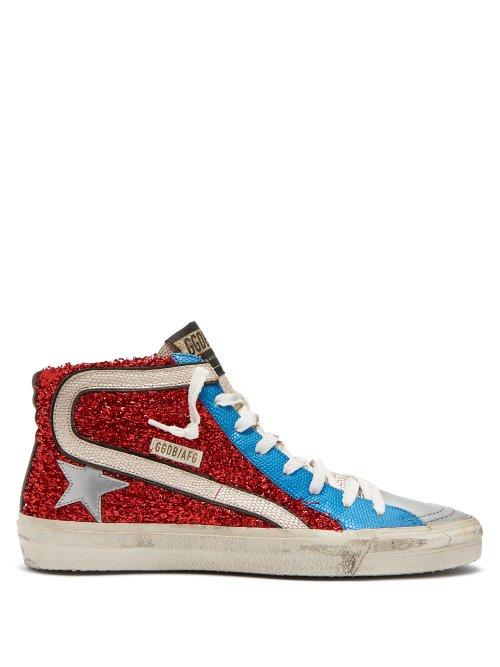Matchesfashion.com Golden Goose Deluxe Brand - Slide Lurex And Leather Mid Top Trainers - Womens - Red Multi