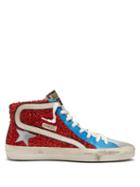 Matchesfashion.com Golden Goose Deluxe Brand - Slide Lurex And Leather Mid Top Trainers - Womens - Red Multi