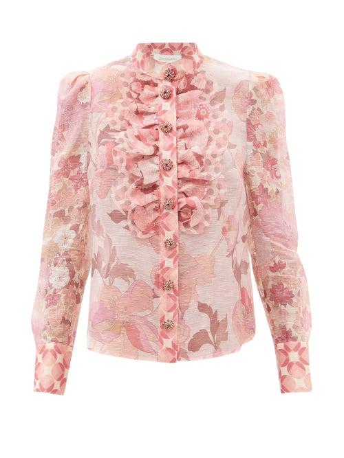 Zimmermann - Concert Ruffled Floral-print Linen-blend Blouse - Womens - Pink Print