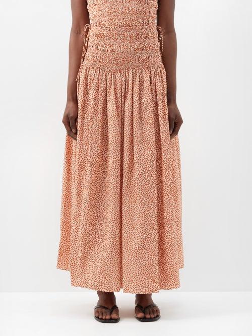 Matteau - Shirred Floral-print Organic Cotton-poplin Skirt - Womens - Orange Print