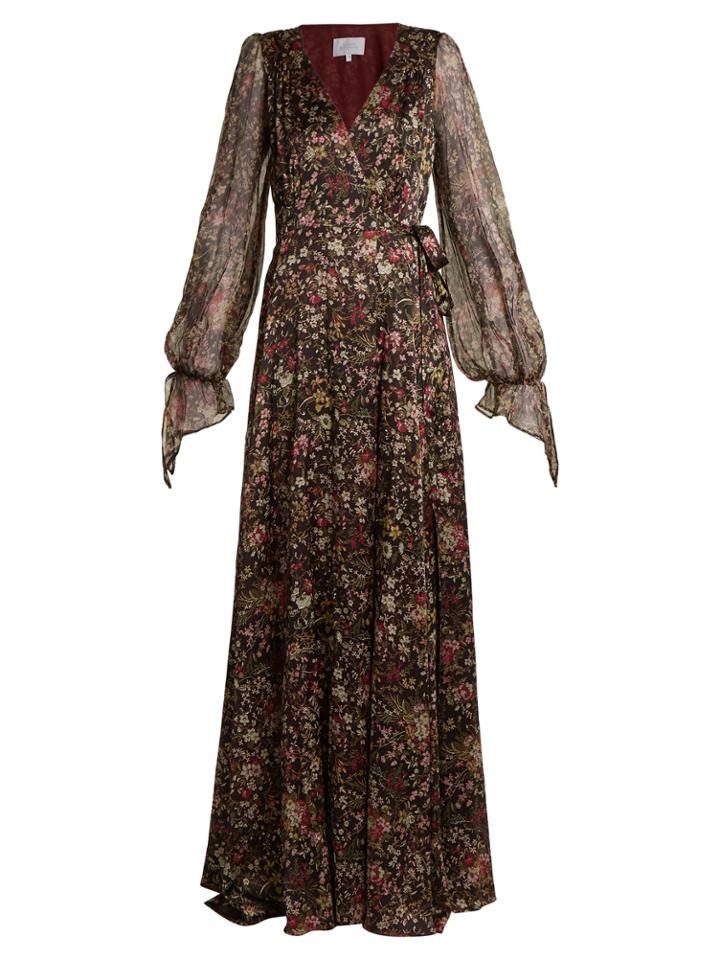 Luisa Beccaria Floral-print Sheer-sleeved Silk-blend Wrap Gown