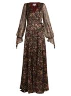Luisa Beccaria Floral-print Sheer-sleeved Silk-blend Wrap Gown